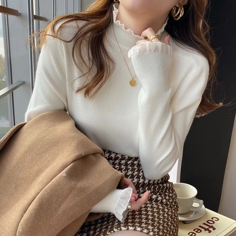 韓國花邊立領上衣-素面蕾絲婚禮OL針織長袖拼接親膚