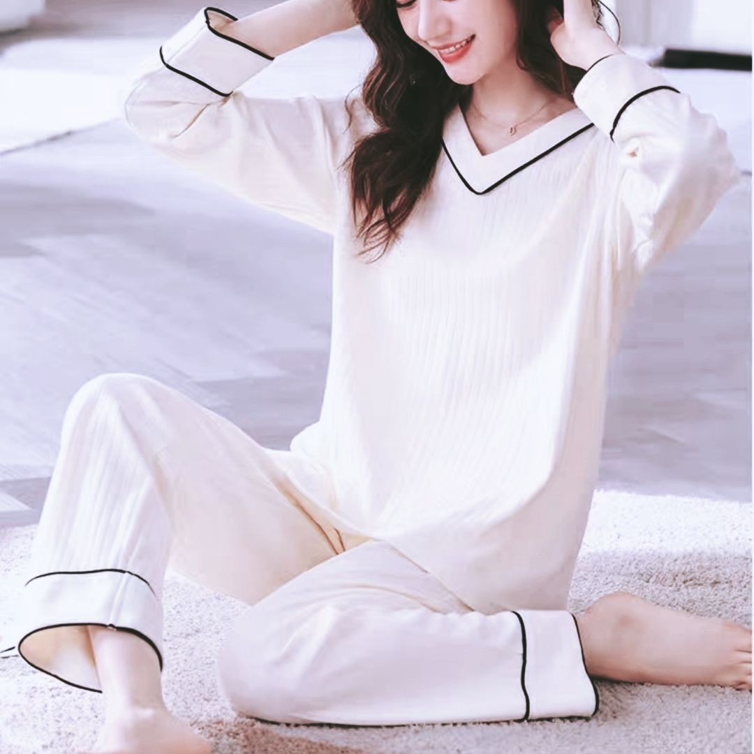 春秋款女士長袖條紋睡衣套裝清新風格家居服