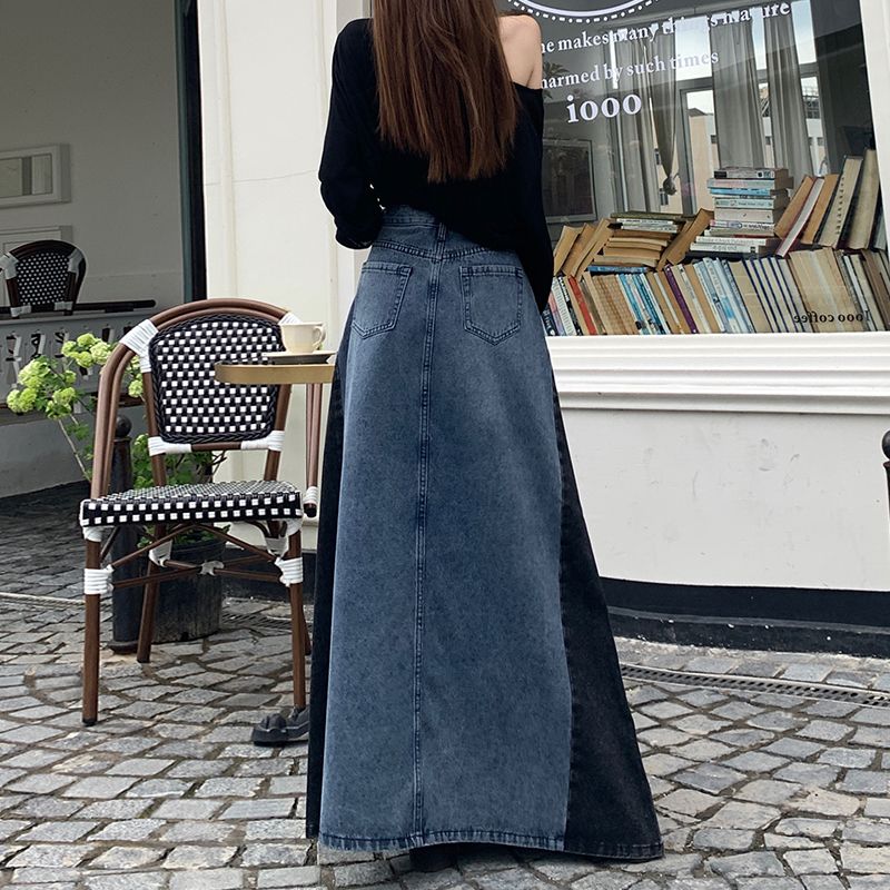 高腰牛仔長裙 小眾設計復古風 顯瘦遮肉A字長版半身裙 春秋款