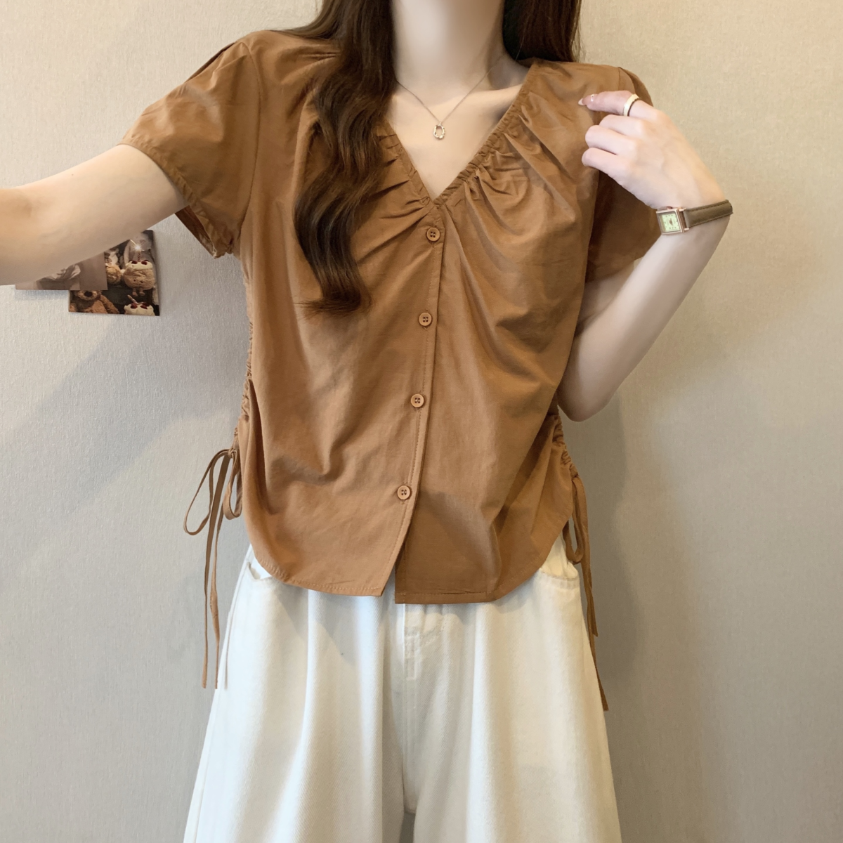 設計感皺皺v領短袖襯衫 顯瘦寬鬆百搭抽繩短款上衣