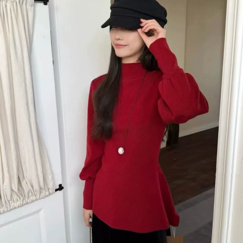 法式半高領荷葉擺針織上衣 燈籠袖 收腰版型 比例更好看