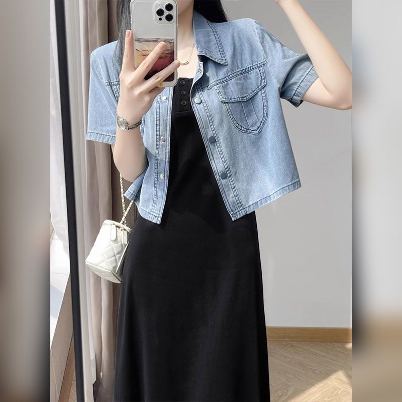 【單品可選】韓版時尚簡約牛仔短袖上衣外套+背心長款連身裙洋裝套裝