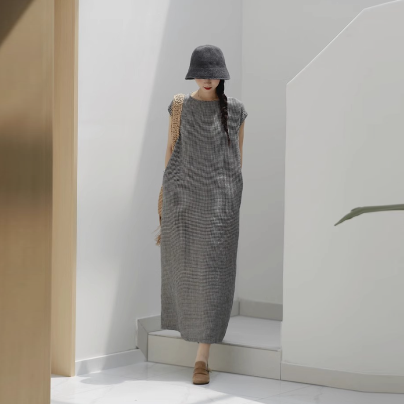 棉麻格紋無袖長洋裝 復古文青風