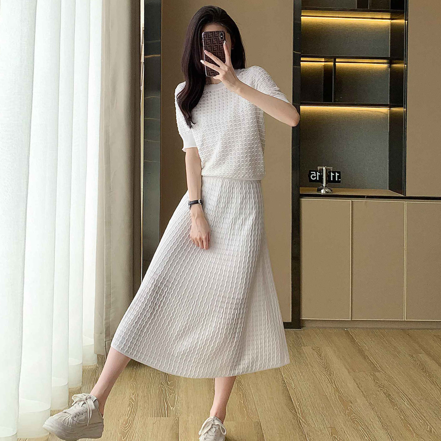 小香風鏤空針織套裝 法式刺繡透膚傘狀裙可拆式兩穿上下套裝