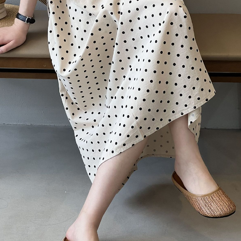 夏季波點棉麻連身裙 慵懶渡假茶歇法式吊帶裙A字裙無袖長洋