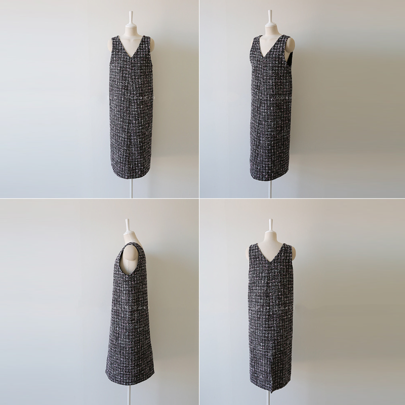 春秋日系無袖V領格紋長款連身裙 通勤款無袖洋裝