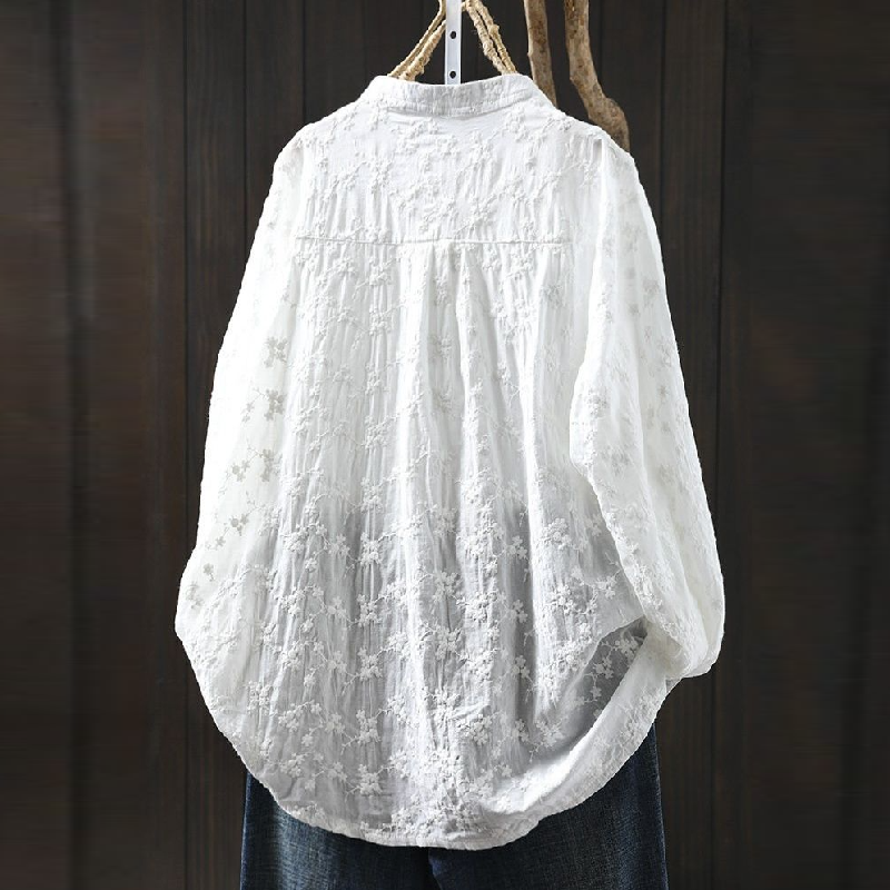 純棉刺繡提花立領襯衫 法式優雅寬版上衣 透氣親膚長袖白襯衫 休閒穿搭學院風顯瘦