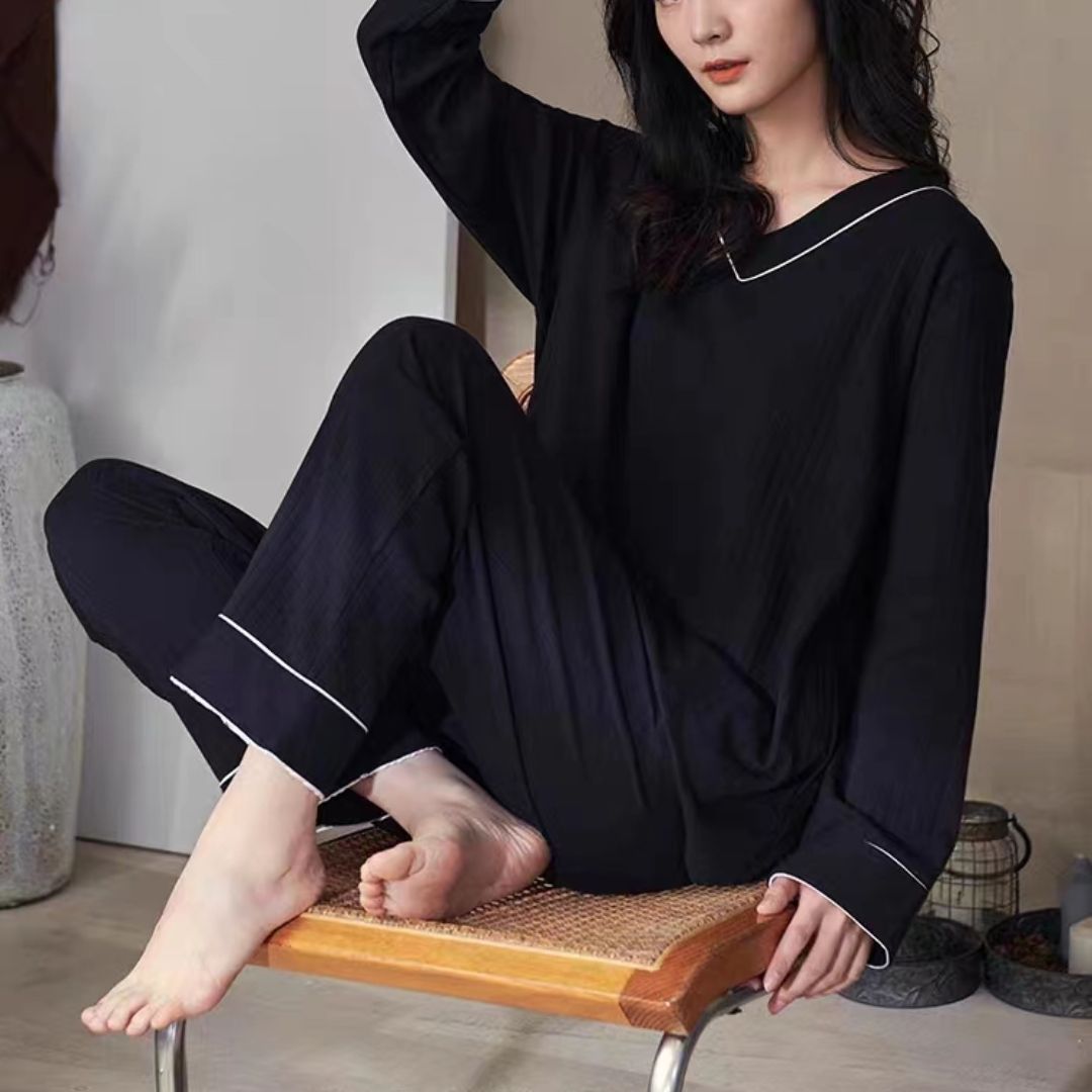 春秋款女士長袖條紋睡衣套裝清新風格家居服