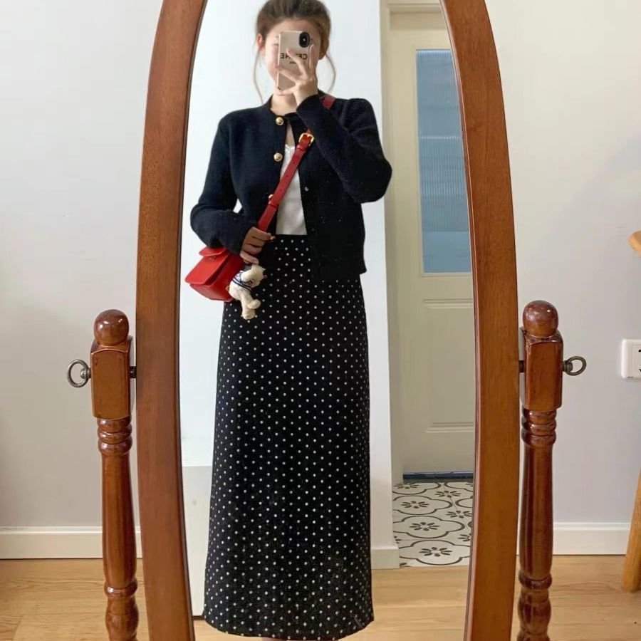 【單品可選】加大黑色小香風套裝 圓點洋裝＋針織開襟外套 兩件式成套 優雅顯瘦