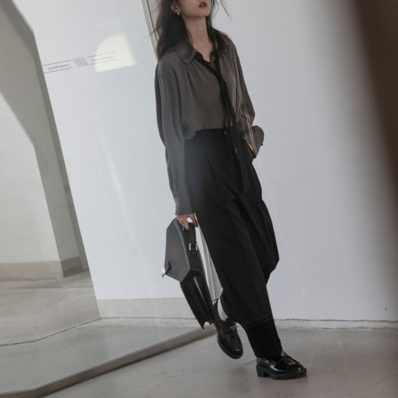 韓國春夏慵懶風寬鬆版型襯衫 小眾領帶設計（配領帶）