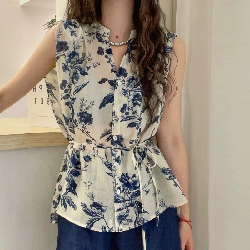 復古印花V領襯衫 設計感文青風無袖上衣