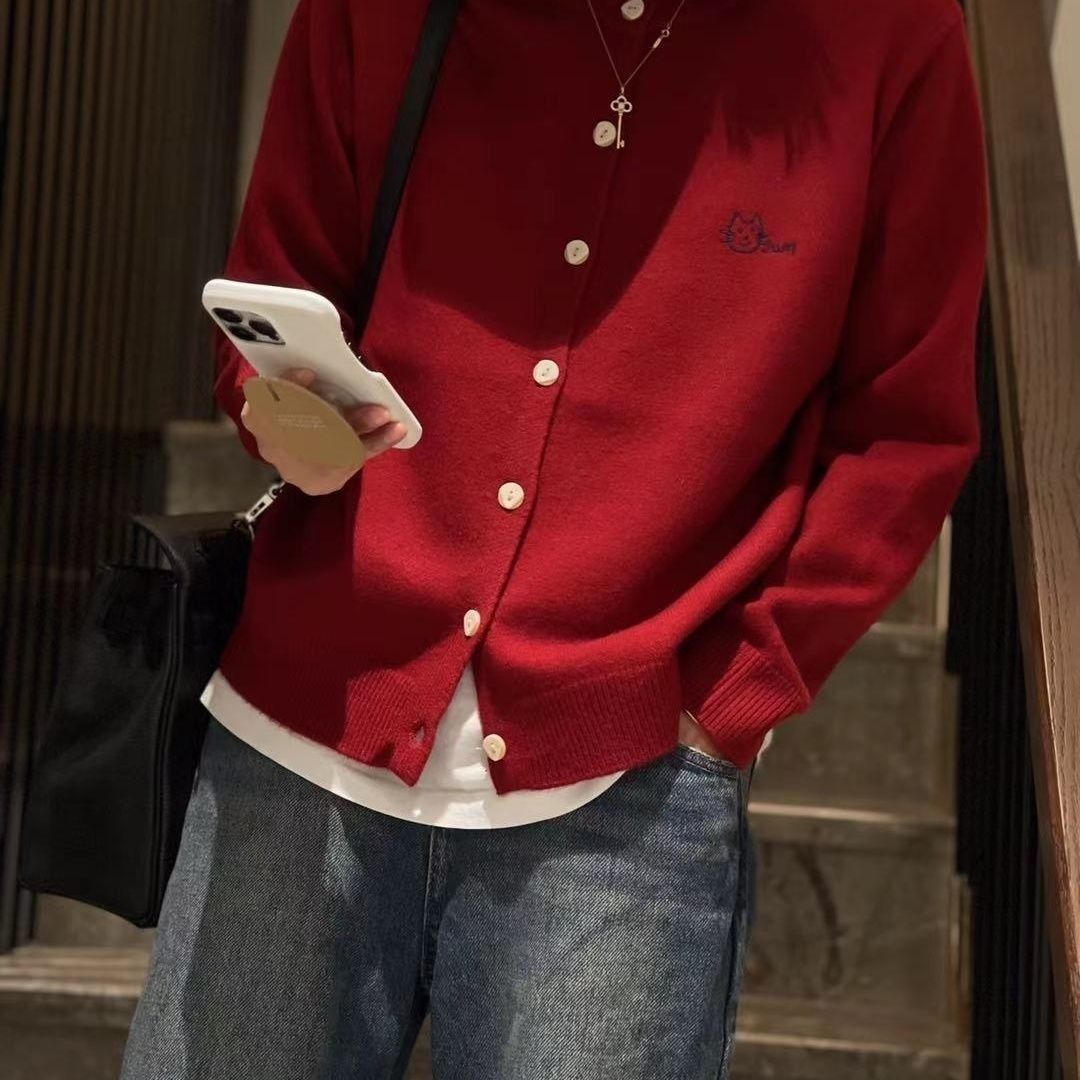 柔軟親膚刺繡針織開襟外套 防曬 復古單排扣