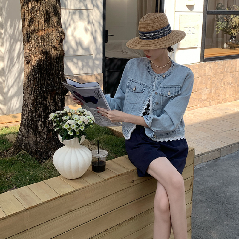 蕾絲花邊拼接牛仔外套 復古水洗短版 韓系休閒款