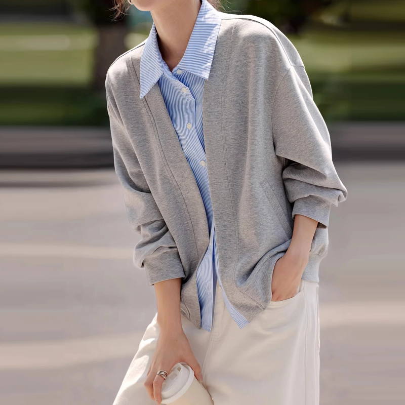 萊賽爾棉假兩件拼接針織薄外套女早秋慵懶設計感氣質上衣