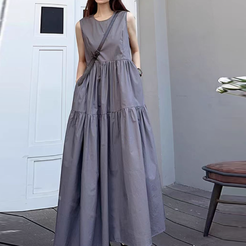 文青風無袖大擺長洋裝 寬鬆A字剪裁 及踝長度 氣質藍色洋裝