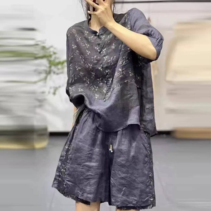 簡約 ‧ 文藝復古印花短袖上衣+短褲(兩件套) 透氣抽繩短褲套裝