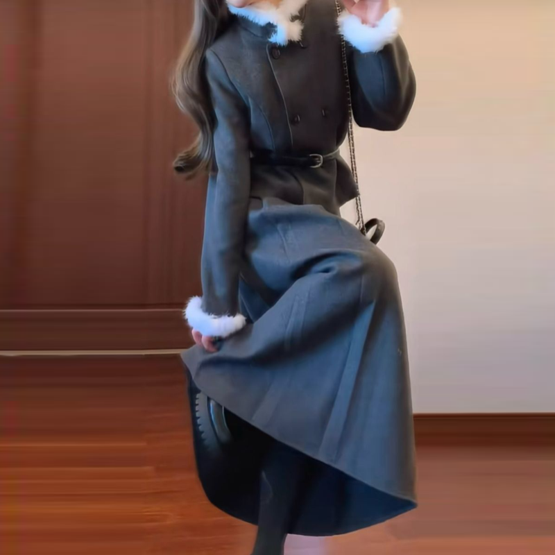 一整套OOTD穿搭復古高級感毛毛領外套百褶半身裙兩件套裝尾牙穿超好看