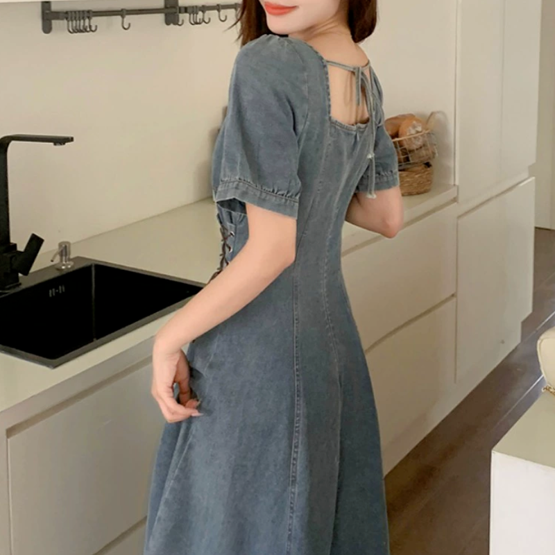 大尺碼法式復古牛仔洋裝｜側綁帶束腰 方領 收腰顯瘦（短版/長版可選）