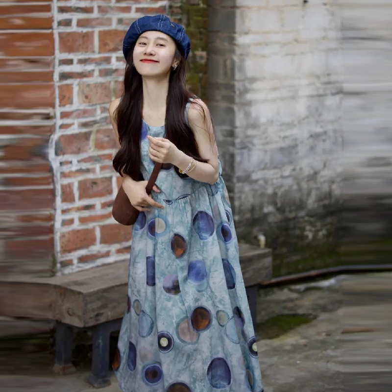 手繪感塗鴉背心裙洋裝 學妹系圓點天絲長裙 抗UV涼感閨蜜裝 獨家版型 社團穿搭師大商圈街拍