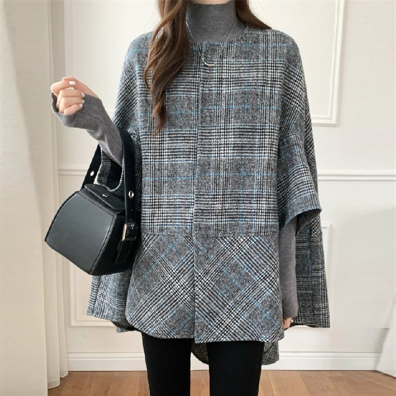 中長版圓領格紋披風外套 秋冬韓系時尚大衣*7色