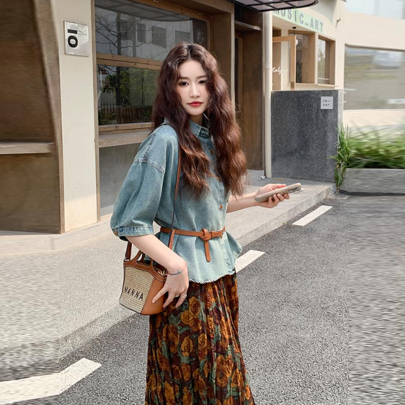 復古兩件式套裝 短袖牛仔襯衫＋碎花中長裙 成套穿搭