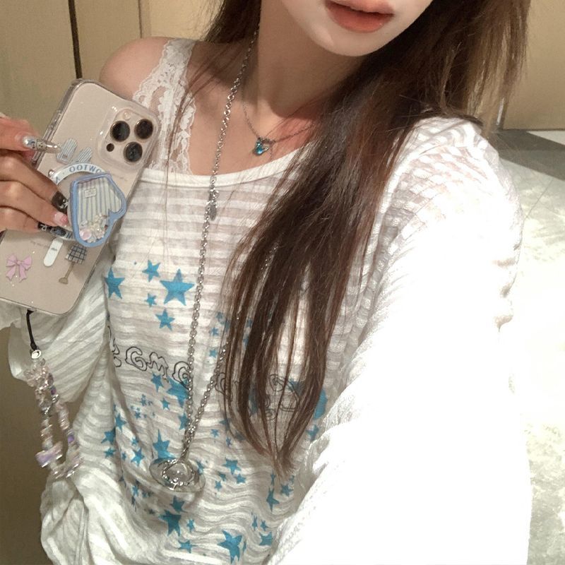 星星印花斜肩長袖上衣 輕薄防曬罩衫