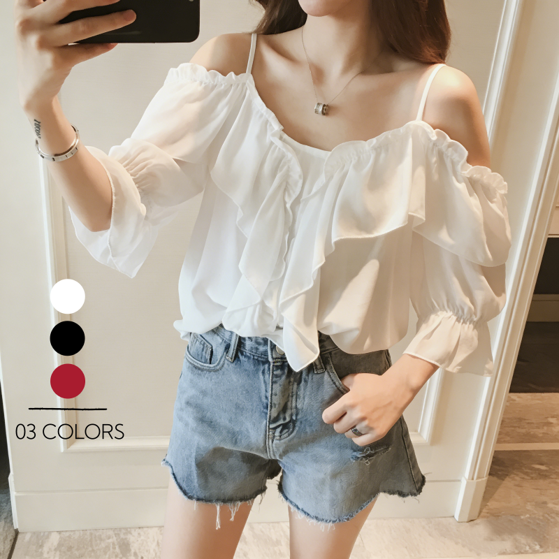 法式荷葉一字領露肩上衣 優雅氣質款
