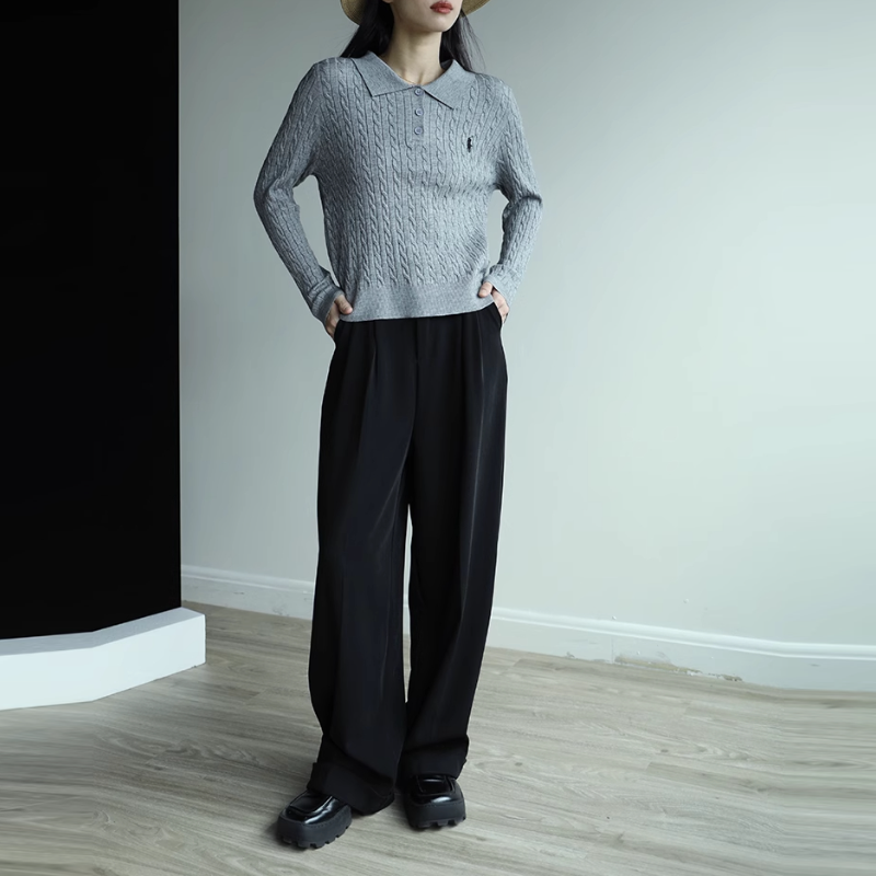 復古灰色翻領刺繡針織衫 通勤麻花毛衣顯瘦上衣