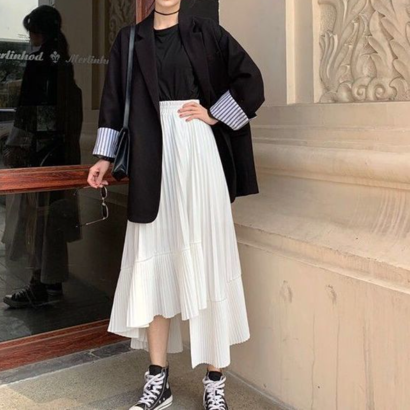 不對稱下擺高腰中長裙 清新時髦 設計感顯瘦 好搭