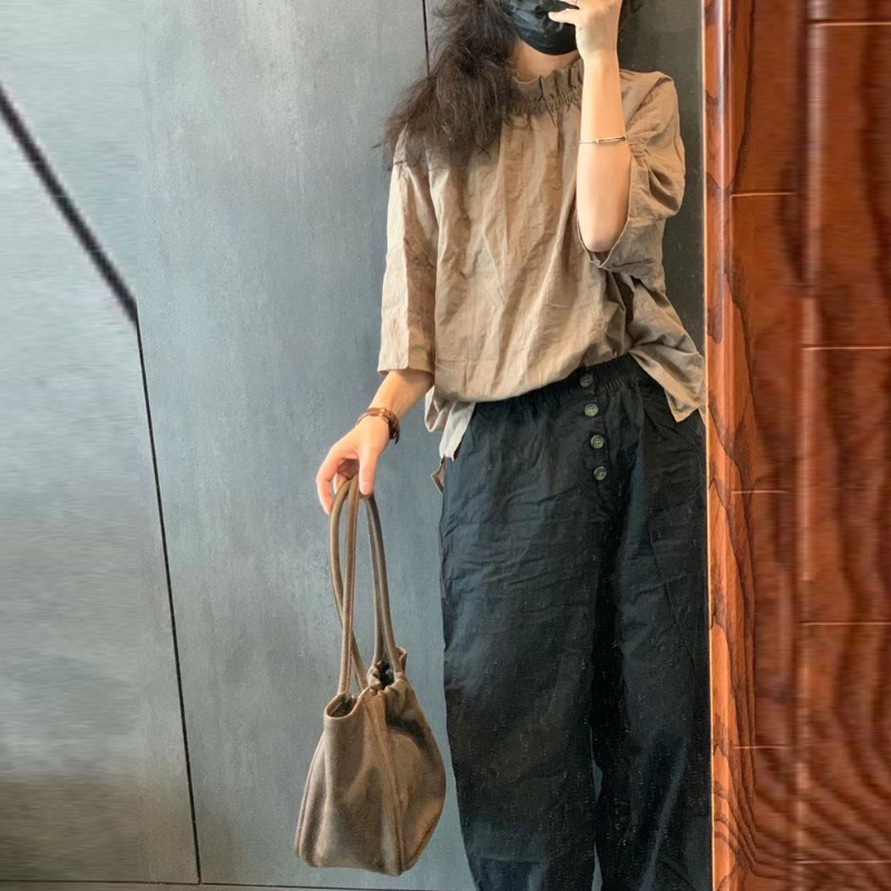 文青款​棉麻襯衫 雙面神級穿法 荷葉領文藝復古五分袖休閒上衣