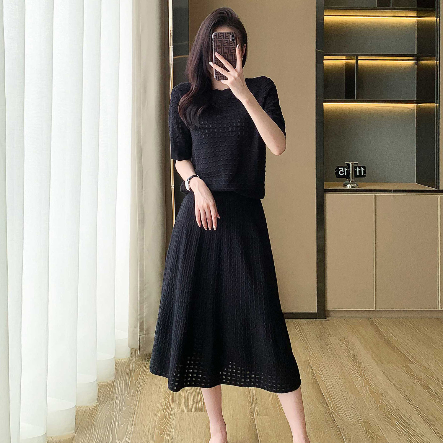 小香風鏤空針織套裝 法式刺繡透膚傘狀裙可拆式兩穿上下套裝