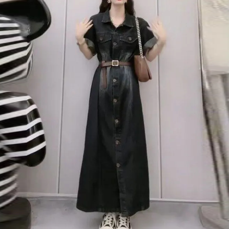 慵懶氣質復古丹寧洋裝 休閒A字裙顯瘦牛仔連身裙 寬鬆大尺碼