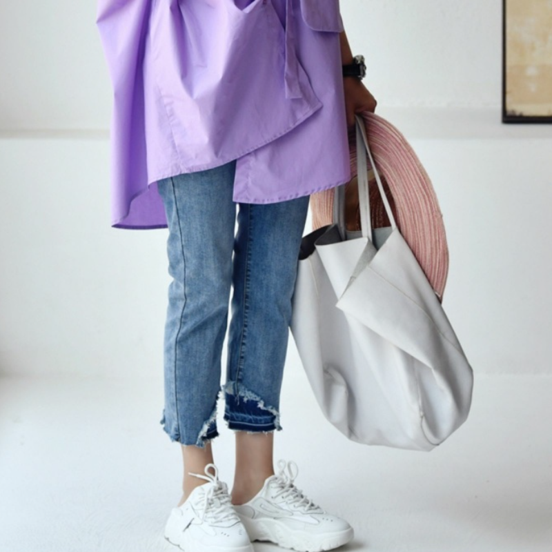 設計感長版襯衫 薰衣草紫 寬鬆顯瘦 前短後長 五分袖 大尺碼友善