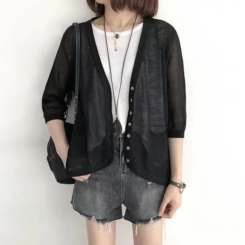 日韓風休閒罩衫 百搭冰絲針織開襟衫 洋氣上衣