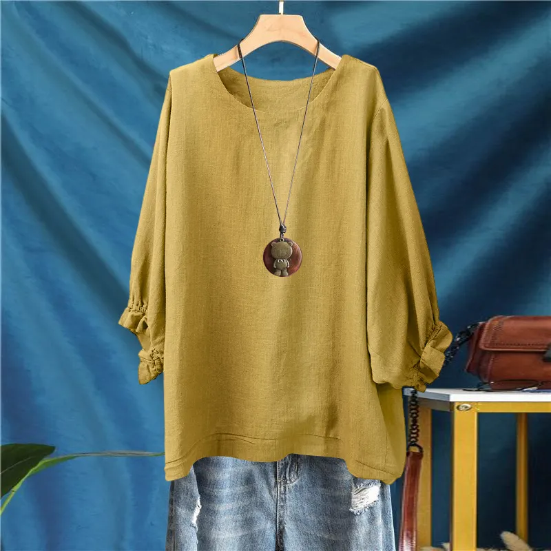 寬鬆五分袖上衣 春夏秋棉質 圓領縮口蓬袖 顯瘦百搭 外穿好搭