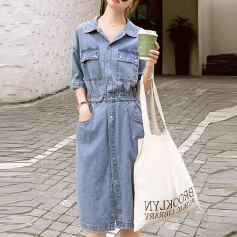 甜美日系收腰牛仔連身裙 顯瘦氣質中長A字裙