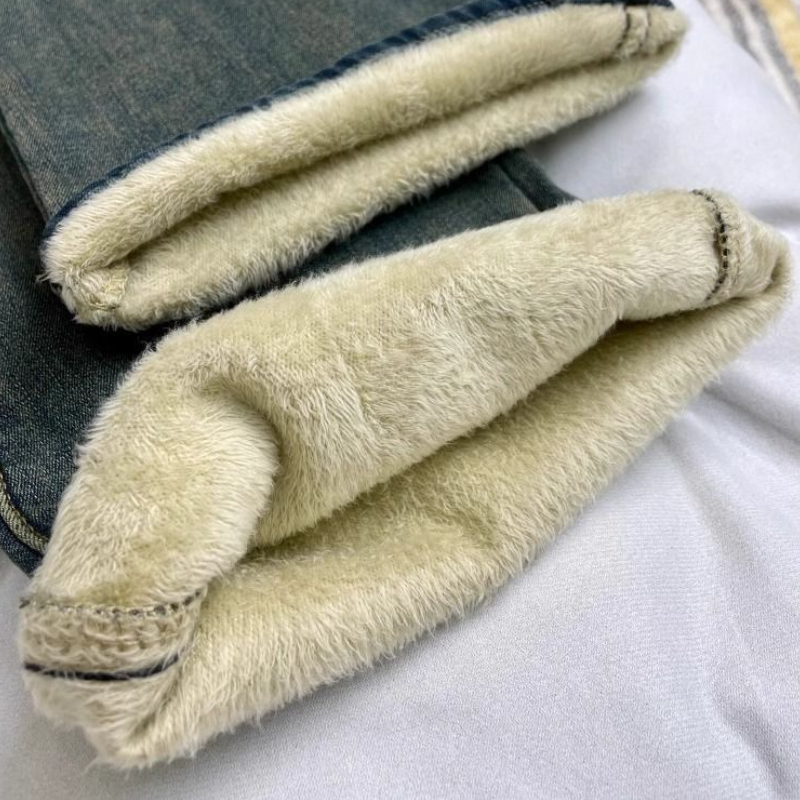 內刷毛加厚牛仔褲 復古藍 高腰直筒×微喇 靴型褲口 冬季保暖 顯瘦修飾