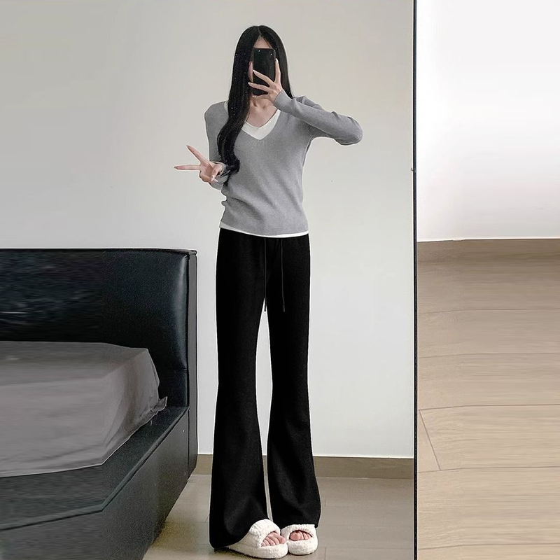 保暖喇叭褲-修身內刷毛棉褲素面彈性加長立體車縫