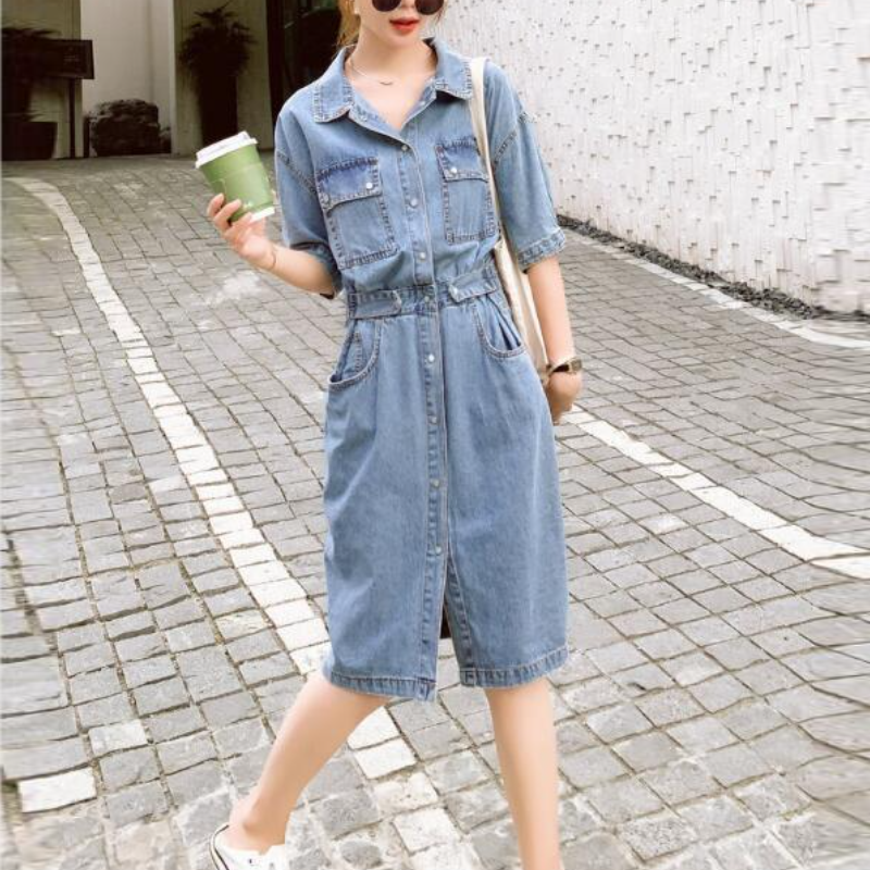 甜美日系收腰牛仔連身裙 顯瘦氣質中長A字裙