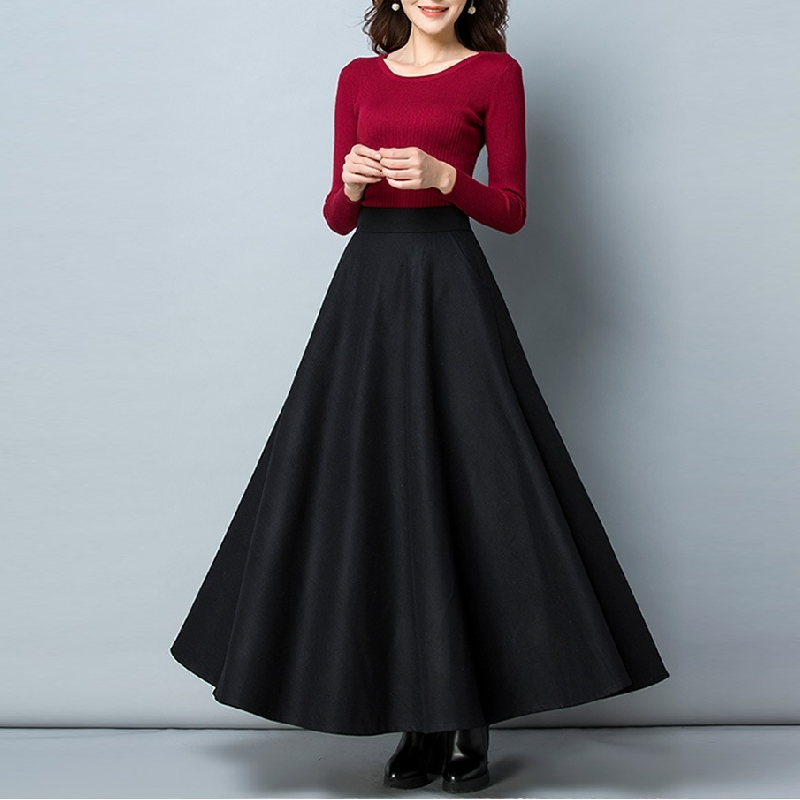 百搭毛呢中長款大擺裙氣質通勤半身裙（有口袋）