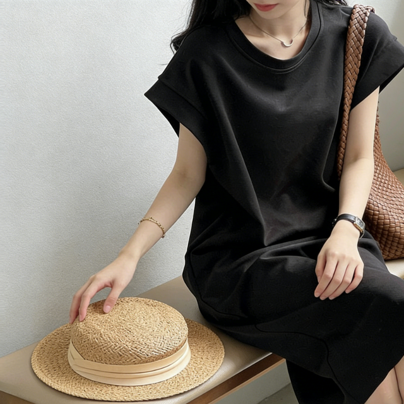 日系質感飛袖棉質洋裝 寬鬆剪裁中長版T恤洋裝