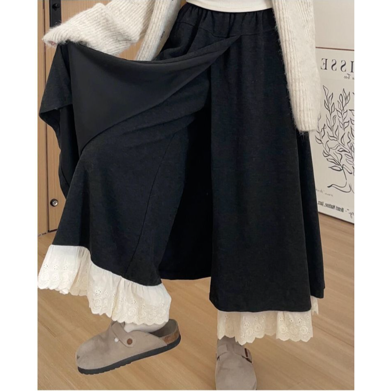 深灰蕾絲拼接褲裙 闊腿垂墜感 嬌小友善 秋季新款
