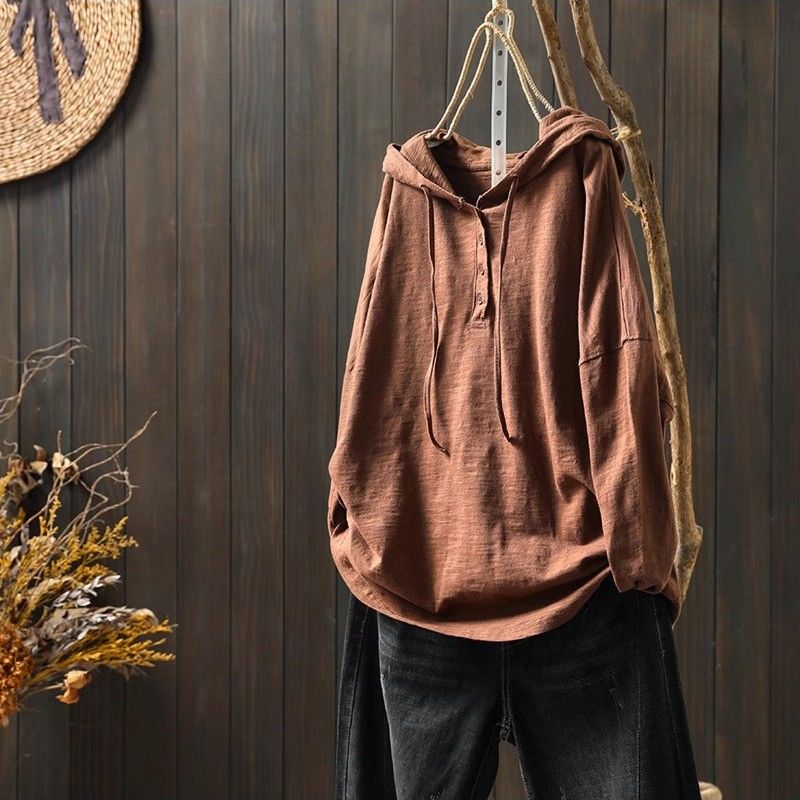 竹節棉連帽TEE文藝復古 長袖春裝新款寬鬆大版型遮肉上衣