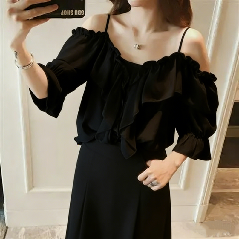 法式荷葉一字領露肩上衣 優雅氣質款