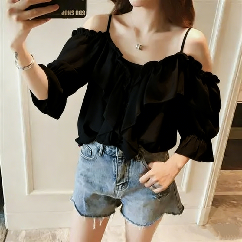 法式荷葉一字領露肩上衣 優雅氣質款