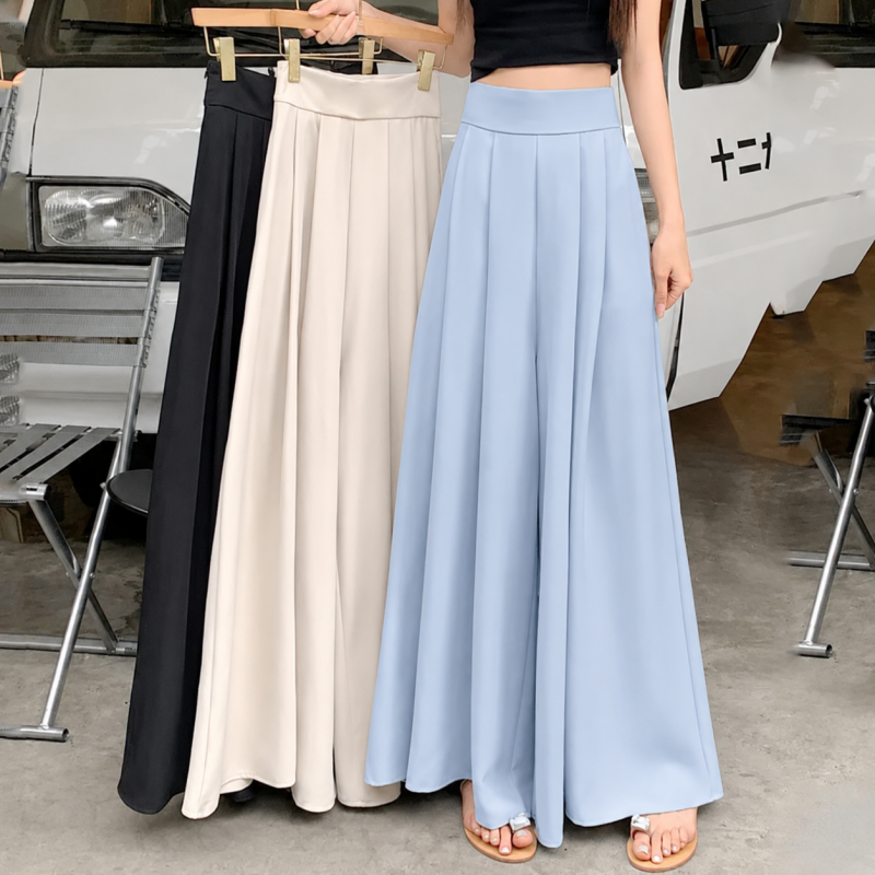 百褶西裝褲裙薄款 時尚高腰寬褲垂感休閒拖地褲（M-5XL）