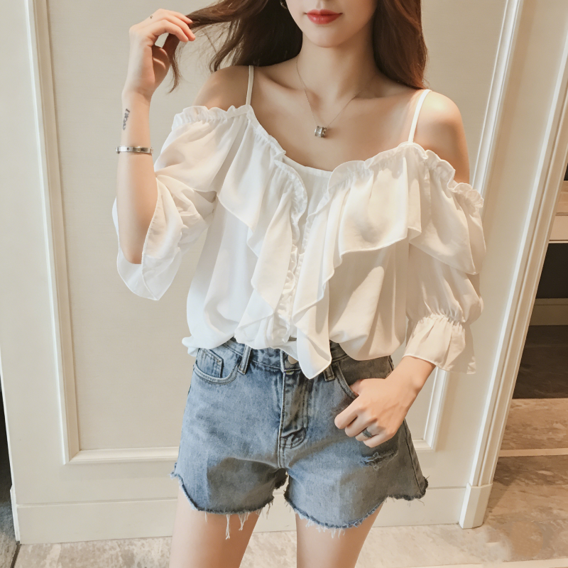 法式荷葉一字領露肩上衣 優雅氣質款
