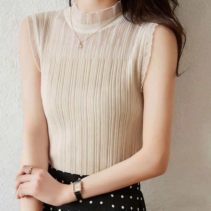 蕾絲拼接小高領無袖針織上衣 西裝內搭首選