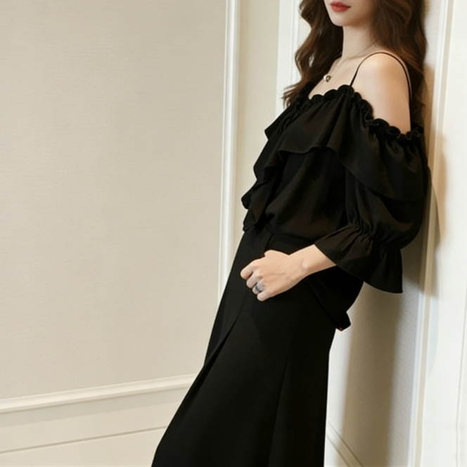 法式荷葉一字領露肩上衣 優雅氣質款