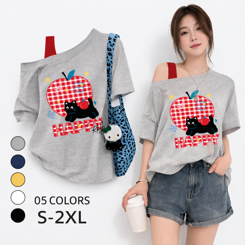 純棉美式蘋果印花斜肩假兩件短袖T恤 寬鬆休閒百搭款